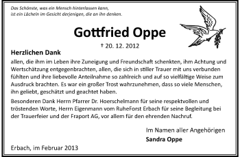 Traueranzeige von Gottfried Oppe von Odenwälder Echo