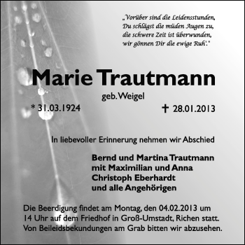 Traueranzeige von Marie Trautmann von Echo-Zeitungen (Gesamtausgabe)