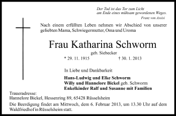 Traueranzeige von Katharina Schworm von Rüsselsheimer Echo, Groß-Gerauer-Echo, Ried Echo