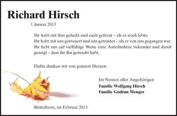 Traueranzeige von Richard Hirsch von Rüsselsheimer Echo, Groß-Gerauer-Echo, Ried Echo