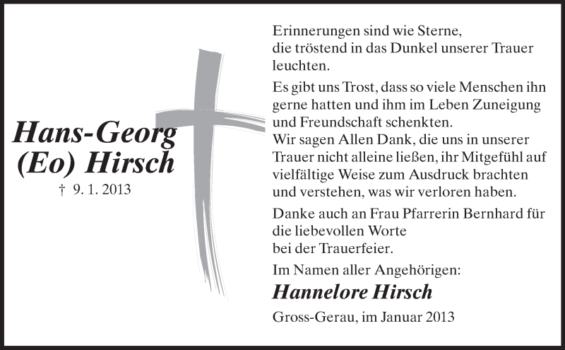  Traueranzeige für Hans-Georg Hirsch vom 02.02.2013 aus Rüsselsheimer Echo, Groß-Gerauer-Echo, Ried Echo