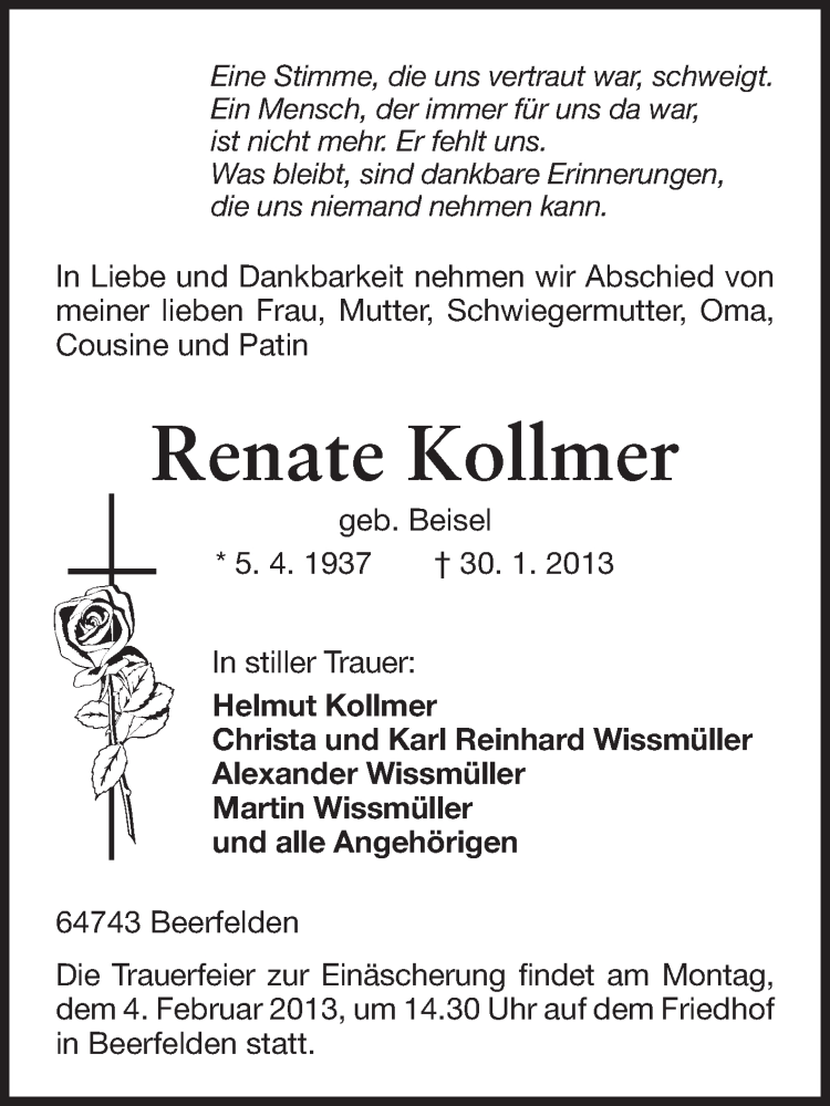  Traueranzeige für Renate Kollmer vom 02.02.2013 aus Odenwälder Echo