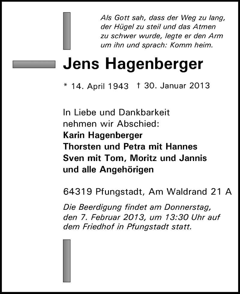  Traueranzeige für Jens Hagenberger vom 02.02.2013 aus Echo-Zeitungen (Gesamtausgabe)