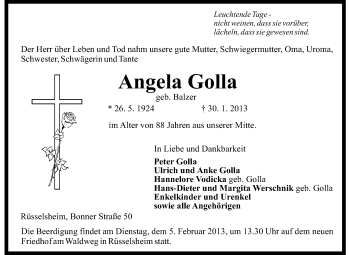 Traueranzeige von Angela Golla von Rüsselsheimer Echo, Groß-Gerauer-Echo, Ried Echo