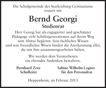 Traueranzeige von Bernd Georgi von Starkenburger Echo