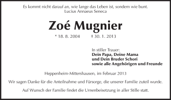 Traueranzeige von Zoe Mugnier von Starkenburger Echo