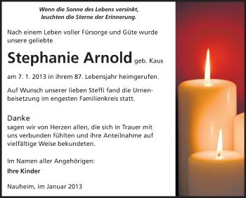 Traueranzeige von Stephanie Arnold von Rüsselsheimer Echo, Groß-Gerauer-Echo, Ried Echo