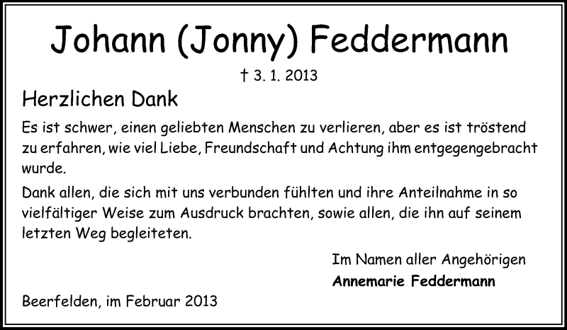  Traueranzeige für Johann Feddermann vom 09.02.2013 aus Odenwälder Echo