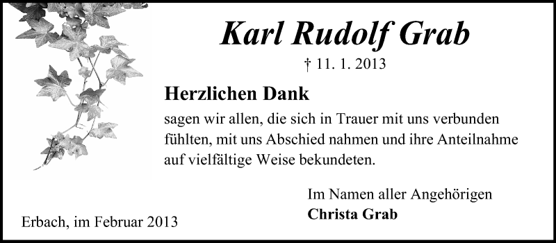  Traueranzeige für Karl Rudolf Grab vom 06.02.2013 aus Odenwälder Echo