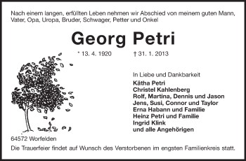 Traueranzeige von Georg Petri von Rüsselsheimer Echo, Groß-Gerauer-Echo, Ried Echo
