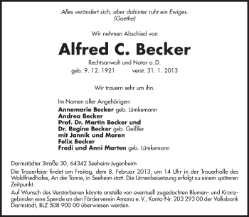 Traueranzeige von Alfred C. Becker von Echo-Zeitungen (Gesamtausgabe)