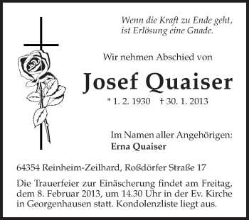 Traueranzeige von Josef Quaiser von Echo-Zeitungen (Gesamtausgabe)