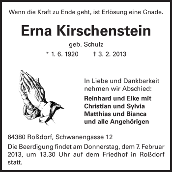 Traueranzeige von Erna Kirschenstein von Echo-Zeitungen (Gesamtausgabe)