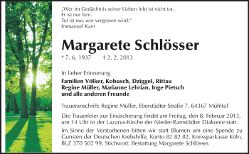 Traueranzeige von Margarete Schlösser von Echo-Zeitungen (Gesamtausgabe)