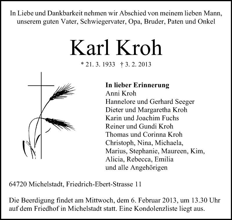  Traueranzeige für Karl Kroh vom 05.02.2013 aus Odenwälder Echo