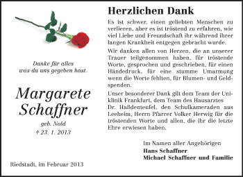 Traueranzeige von Margareta Schaffner von Rüsselsheimer Echo, Groß-Gerauer-Echo, Ried Echo