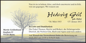 Traueranzeige von Hedwig Geil von Echo-Zeitungen (Gesamtausgabe)