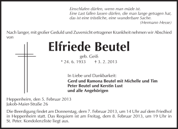 Traueranzeige von Elfriede Beutel von Starkenburger Echo