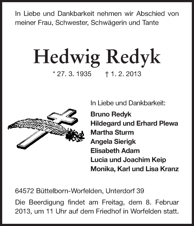  Traueranzeige für Hedwig Redyk vom 06.02.2013 aus Rüsselsheimer Echo, Groß-Gerauer-Echo, Ried Echo