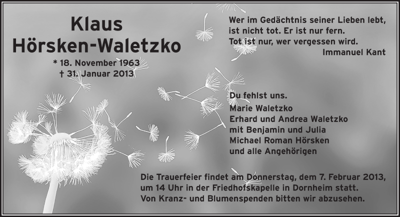  Traueranzeige für Klaus Waletzko-Hörsken vom 06.02.2013 aus Rüsselsheimer Echo, Groß-Gerauer-Echo, Ried Echo