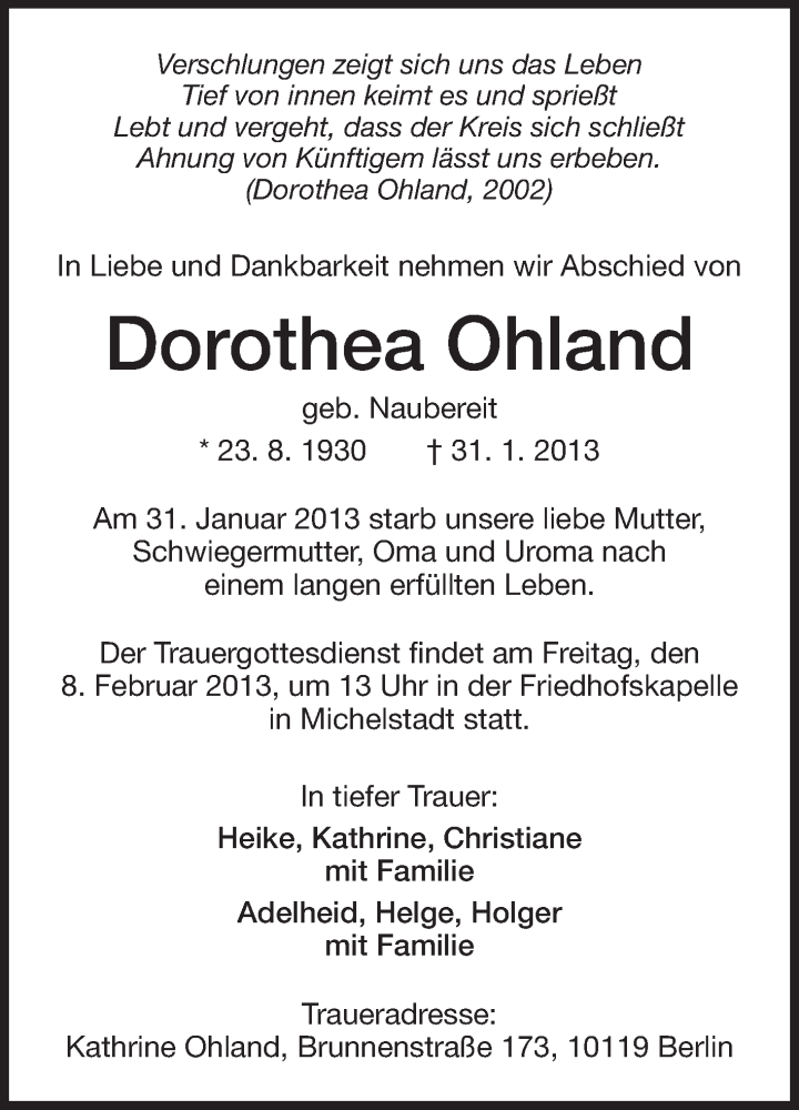  Traueranzeige für Dorothea Ohland vom 06.02.2013 aus Odenwälder Echo