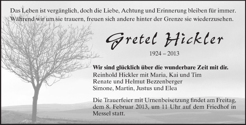  Traueranzeige für Gretel Hickler vom 06.02.2013 aus Echo-Zeitungen (Gesamtausgabe)