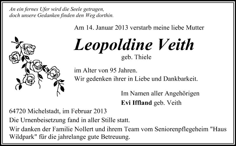  Traueranzeige für Leopoldine Veith vom 06.02.2013 aus Odenwälder Echo