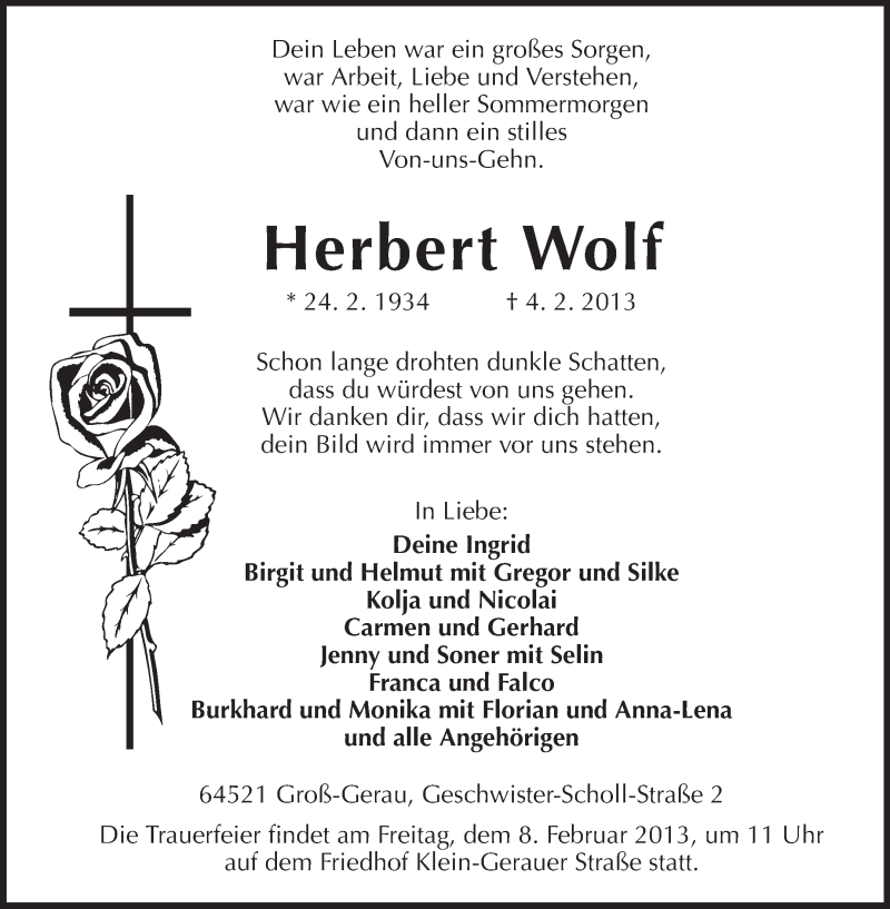  Traueranzeige für Herbert Wolf vom 06.02.2013 aus Rüsselsheimer Echo, Groß-Gerauer-Echo, Ried Echo