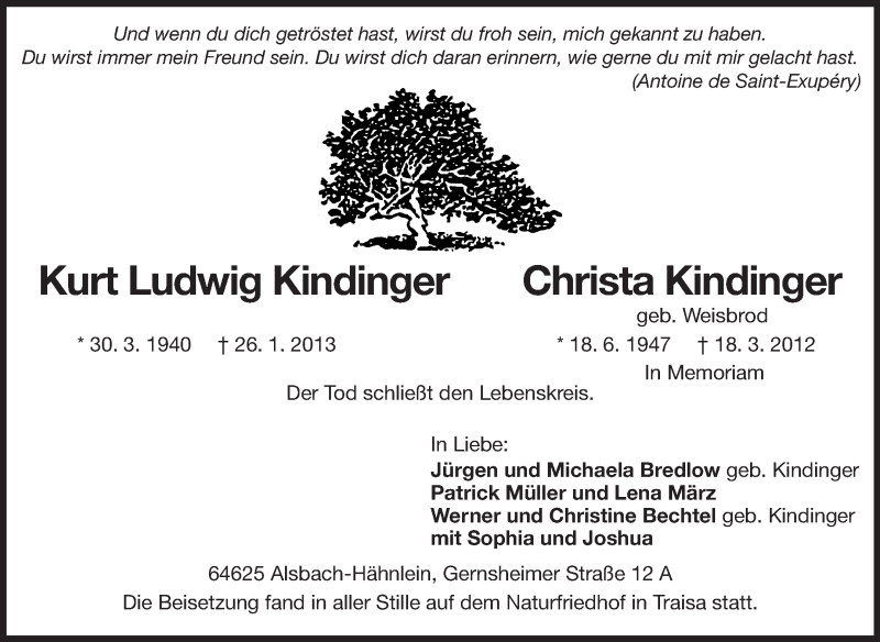  Traueranzeige für Kurt Ludwig und Christa Kindinger vom 09.02.2013 aus Echo-Zeitungen (Gesamtausgabe)
