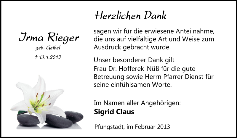 Traueranzeige für Irma Rieger vom 09.02.2013 aus Echo-Zeitungen (Gesamtausgabe)