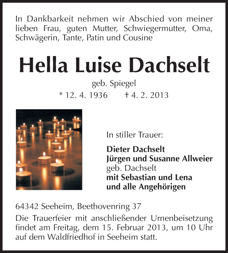  Traueranzeige für Hella Luise Dachselt vom 09.02.2013 aus Echo-Zeitungen (Gesamtausgabe)