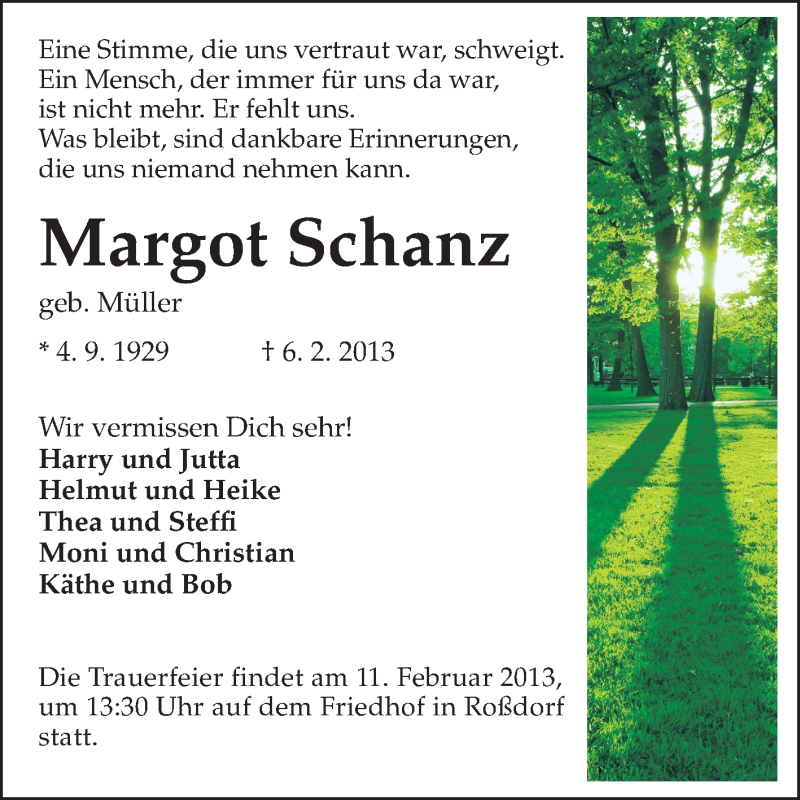  Traueranzeige für Margot Schanz vom 07.02.2013 aus Darmstädter Echo, Odenwälder Echo, Rüsselsheimer Echo, Groß-Gerauer-Echo, Ried Echo