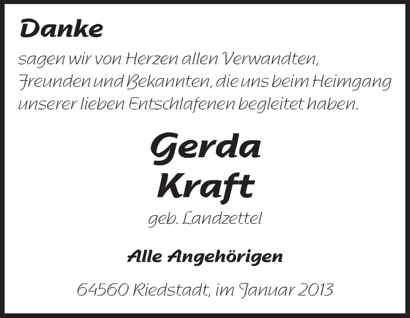  Traueranzeige für Gerda Kraft vom 09.02.2013 aus Echo-Zeitungen (Gesamtausgabe)