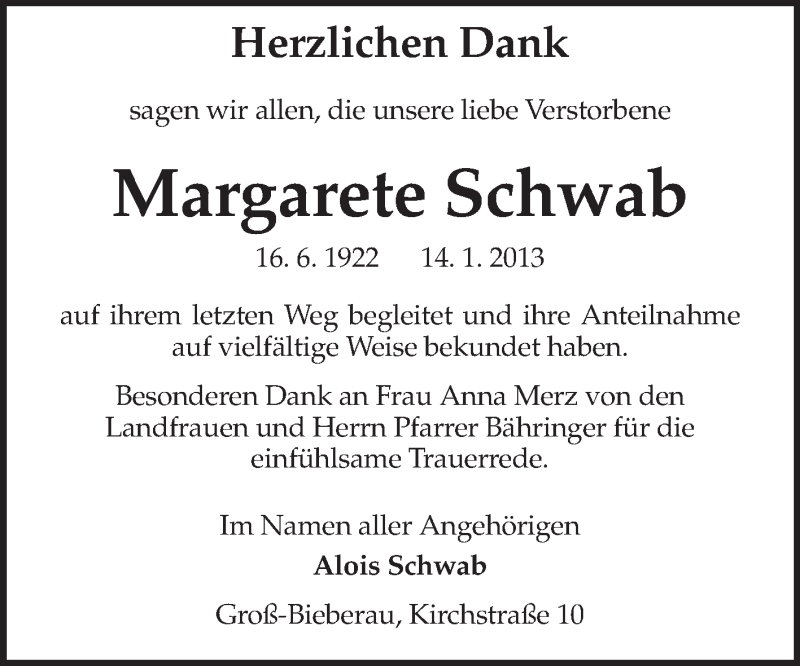  Traueranzeige für Margarete Schwab vom 09.02.2013 aus Echo-Zeitungen (Gesamtausgabe)