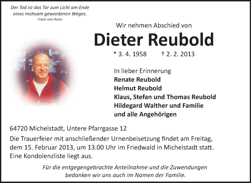  Traueranzeige für Dieter Reubold vom 11.02.2013 aus Odenwälder Echo