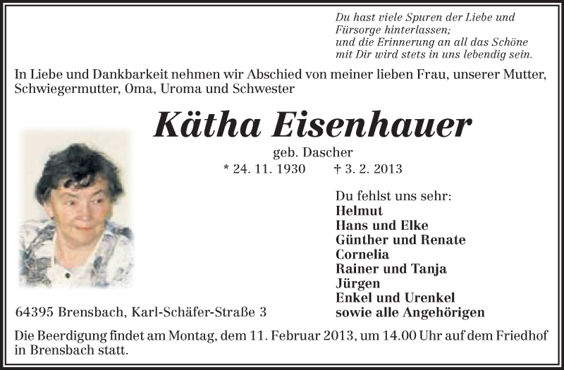 Traueranzeige für Kätha Eisenhauer vom 08.02.2013 aus Echo-Zeitungen (Gesamtausgabe)