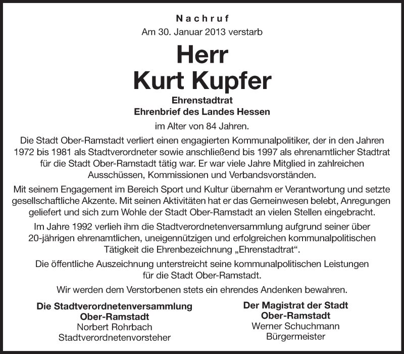 Traueranzeige für Kurt Kupfer vom 09.02.2013 aus Echo-Zeitungen (Gesamtausgabe)