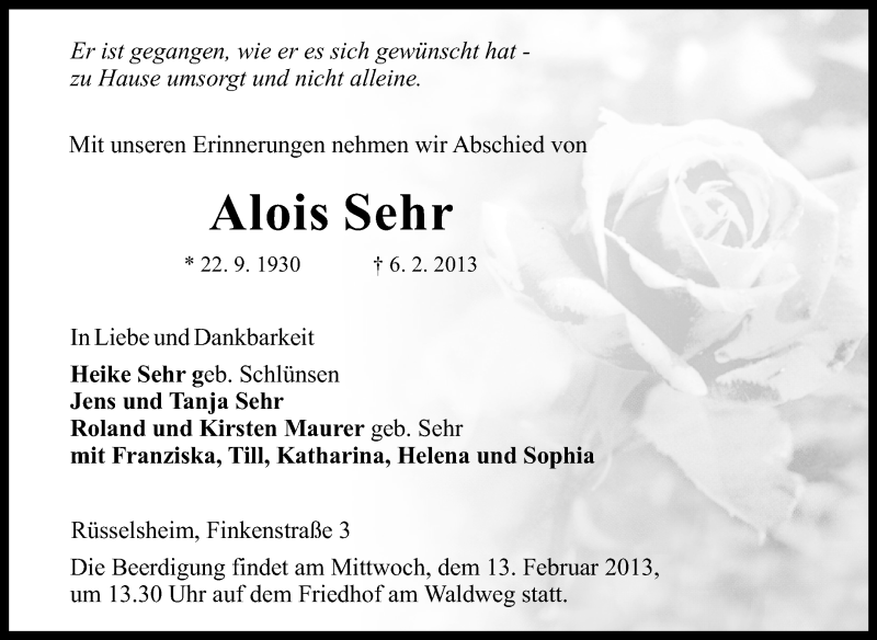  Traueranzeige für Alois Sehr vom 09.02.2013 aus Rüsselsheimer Echo, Groß-Gerauer-Echo, Ried Echo