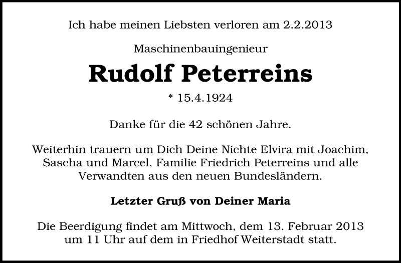  Traueranzeige für Rudolf Peterreins vom 09.02.2013 aus Echo-Zeitungen (Gesamtausgabe)