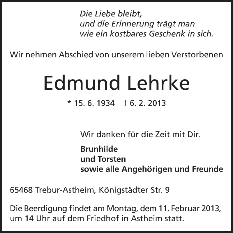  Traueranzeige für Edmund Lehrke vom 09.02.2013 aus Rüsselsheimer Echo, Groß-Gerauer-Echo, Ried Echo