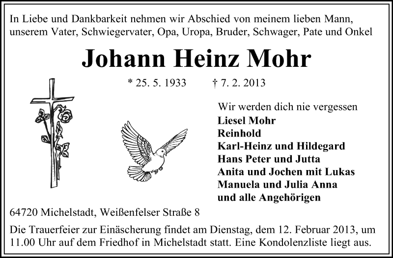  Traueranzeige für Johann Heinz Mohr vom 09.02.2013 aus Odenwälder Echo