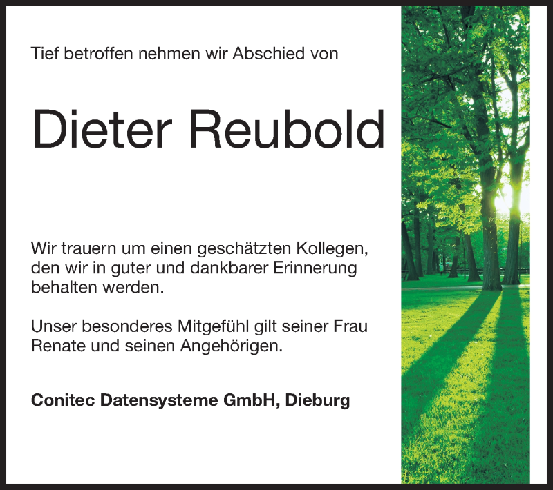  Traueranzeige für Dieter Reubold vom 12.02.2013 aus Odenwälder Echo