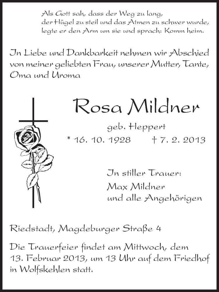  Traueranzeige für Rosa Mildner vom 11.02.2013 aus Rüsselsheimer Echo, Groß-Gerauer-Echo, Ried Echo