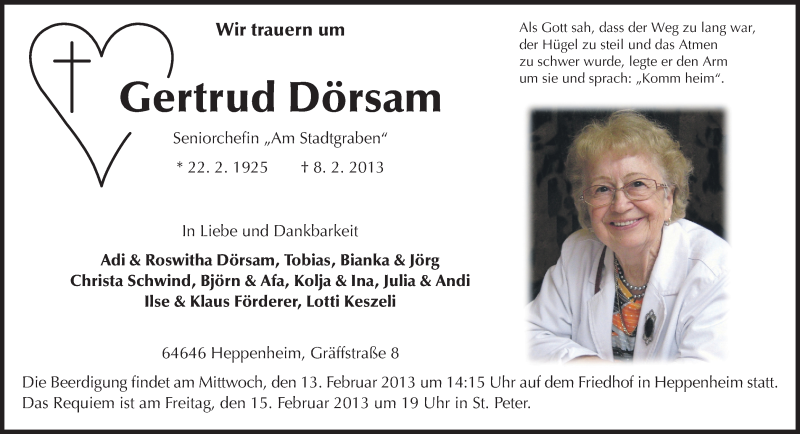  Traueranzeige für Gertrud Dörsam vom 11.02.2013 aus Starkenburger Echo