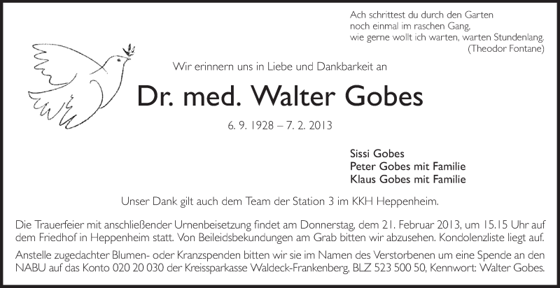  Traueranzeige für Walter Gobes vom 15.02.2013 aus Starkenburger Echo
