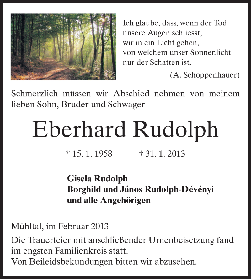  Traueranzeige für Eberhard Rudolph vom 22.02.2013 aus Echo-Zeitungen (Gesamtausgabe)