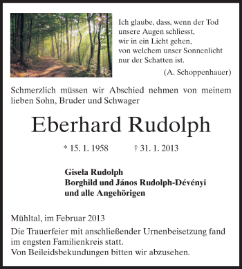 Traueranzeige von Eberhard Rudolph von Echo-Zeitungen (Gesamtausgabe)