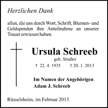 Traueranzeige von Ursula Schreeb von Rüsselsheimer Echo, Groß-Gerauer-Echo, Ried Echo