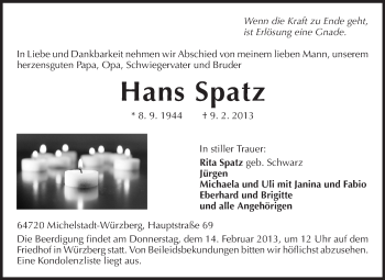 Traueranzeige von Hans Spatz von Odenwälder Echo