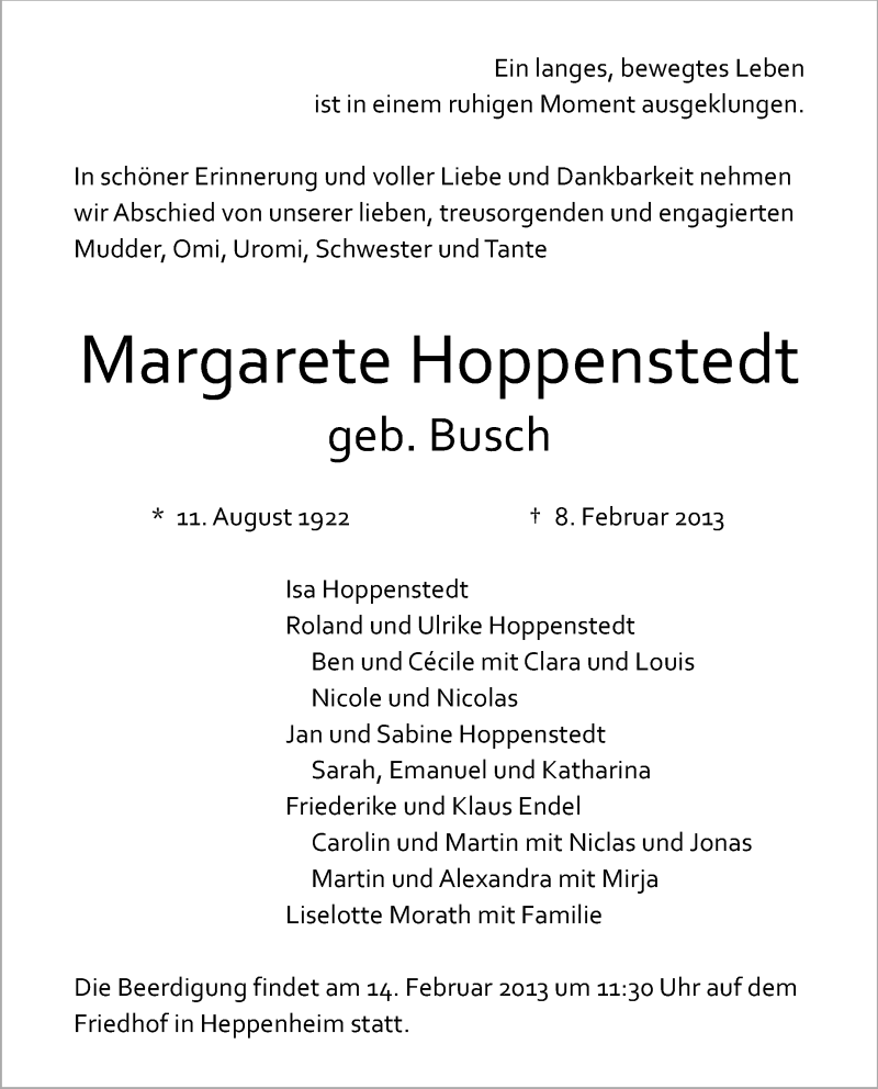  Traueranzeige für Margarete Hoppenstedt vom 12.02.2013 aus Echo-Zeitungen (Gesamtausgabe)